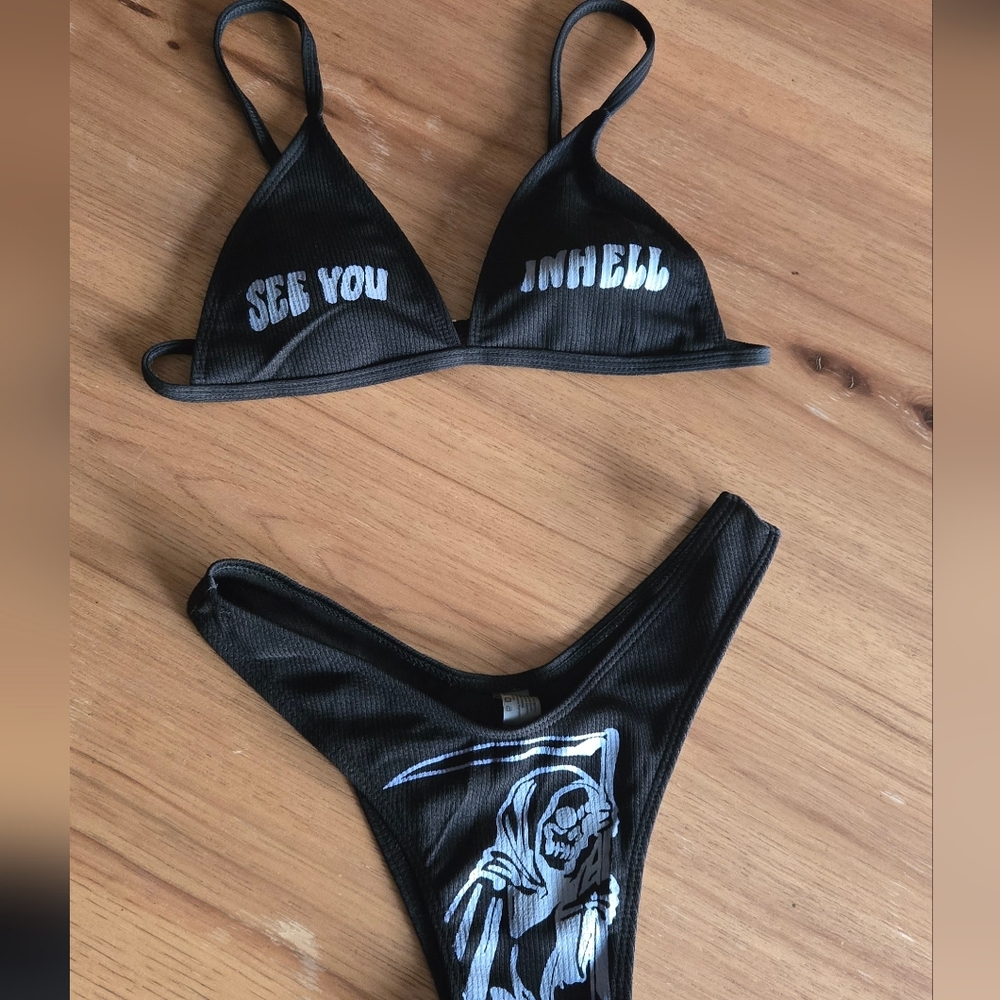 Black Skeleton Bikini Set | Size S | Brazilian Cut Adjustable Goth Swimwear